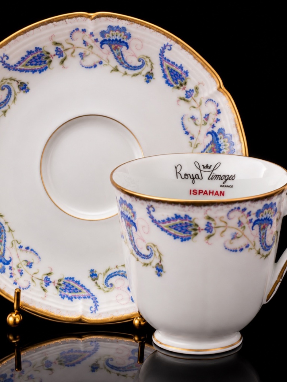 Royal Limoges France ISPAHAN Demitasse Cup & Saucer Blue Paisley Gold Trim Fine